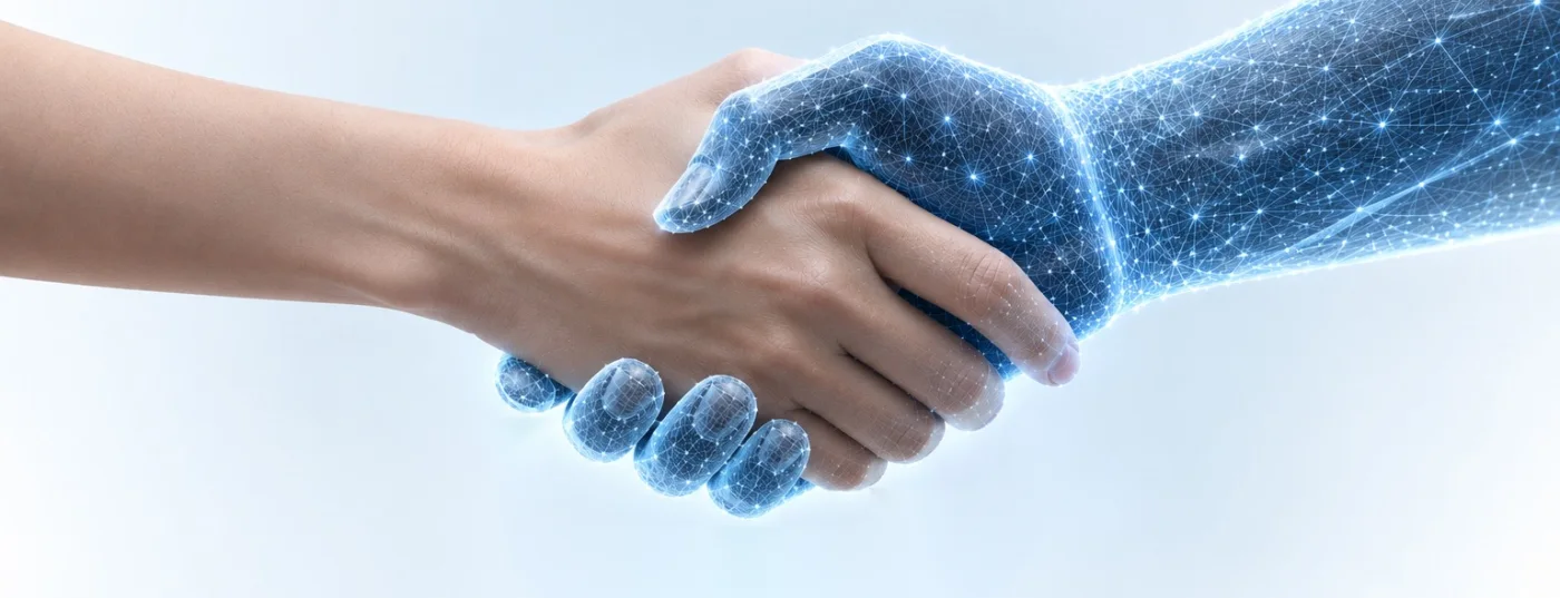 A handshake between your hand and your AI employee's glowing wireframe hand.